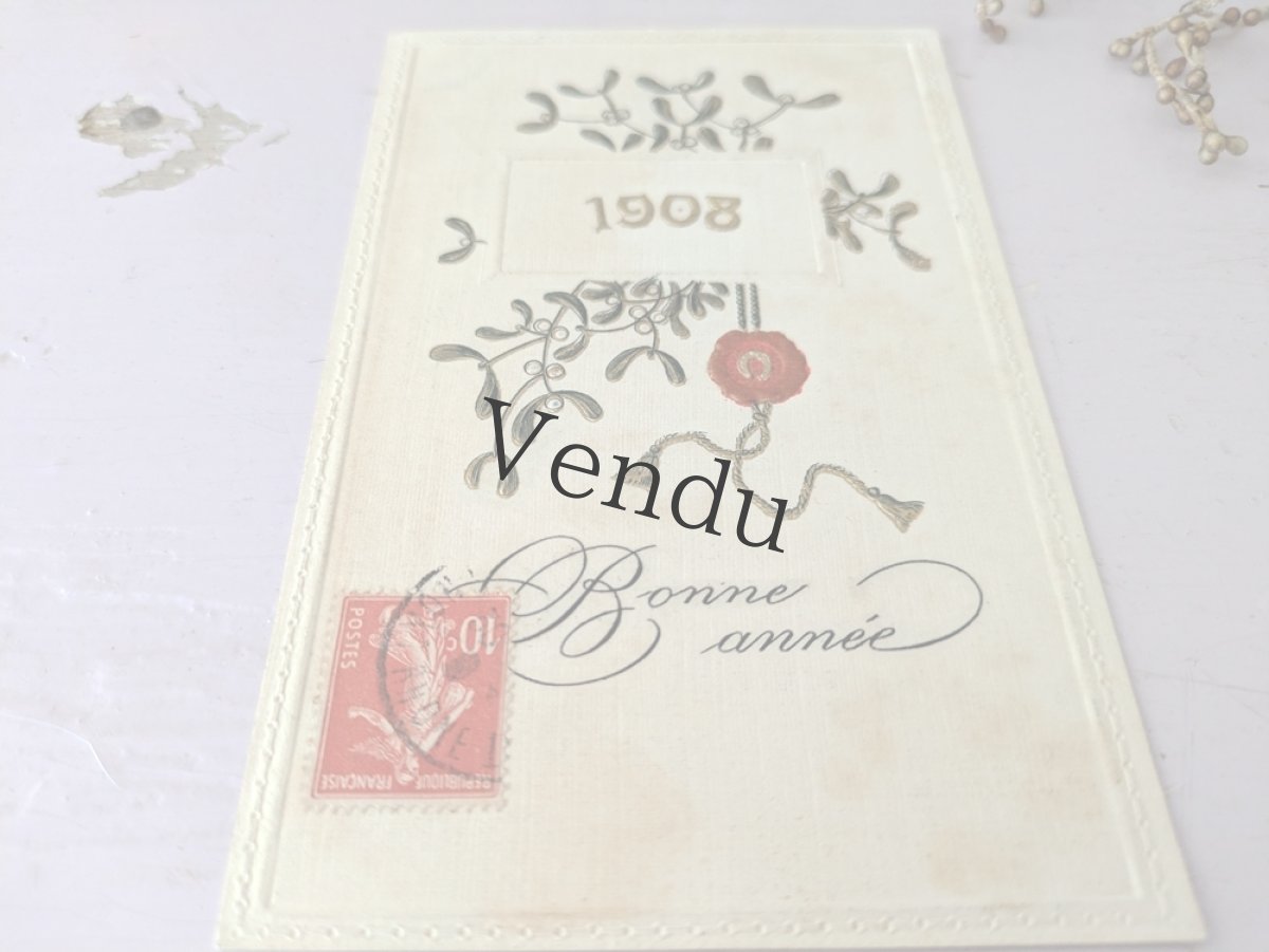 画像2: フランス 1908年 Bonne Année 切手つきポストカード ヤドリギ (2)