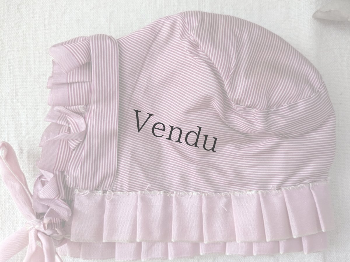 画像2: フランス 19世紀後半 ピンストライプ地の小さなボネ  (2)