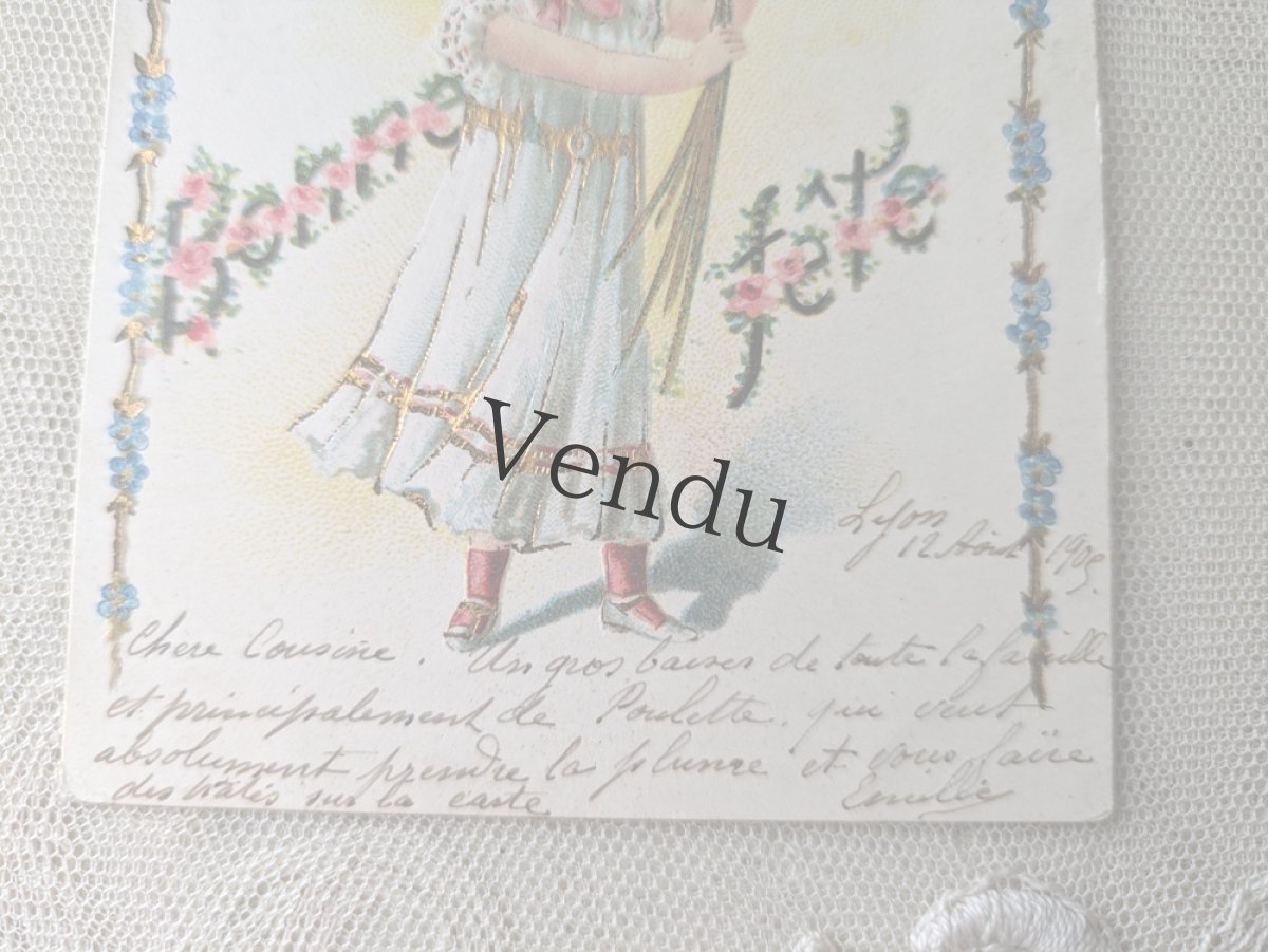 画像3: フランス 1905年 切手つきポストカード スミレと少女 Bonne fête (3)