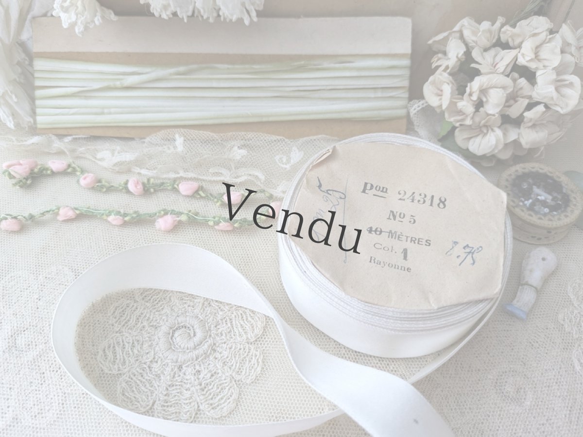 画像5: フランス 1900年前後 ばらのロココリボン ピンク×モスグリーン 32cm (5)