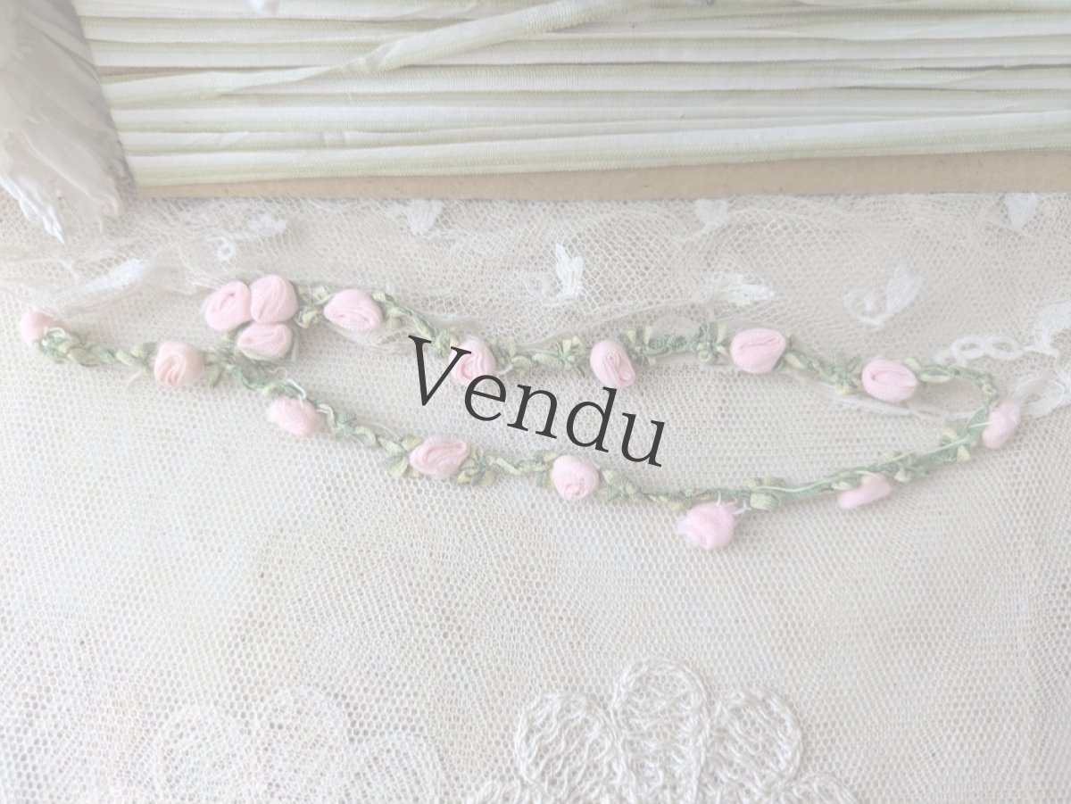 画像1: フランス 1900年前後 ばらのロココリボン ピンク×モスグリーン 32cm (1)