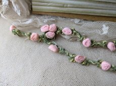 画像3: フランス 1900年前後 ばらのロココリボン ピンク×モスグリーン 32cm (3)