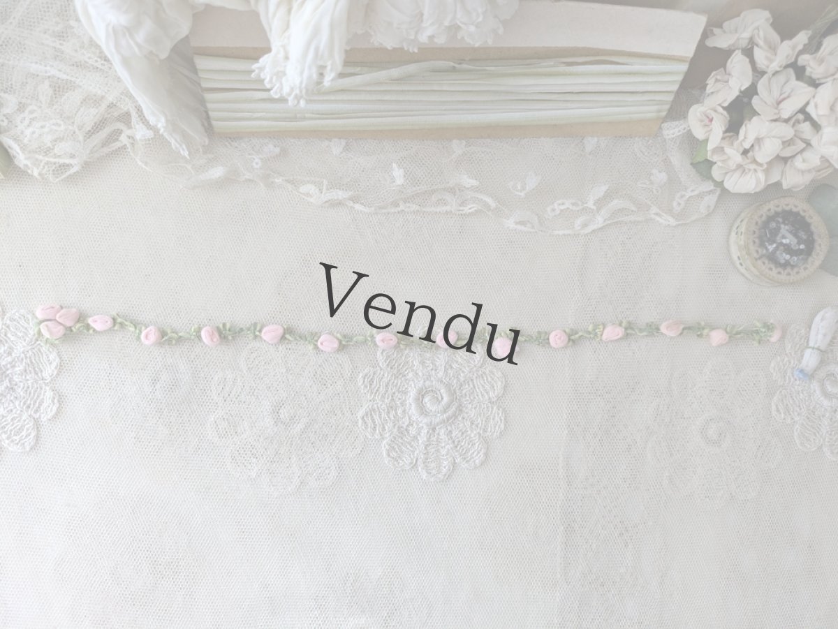 画像4: フランス 1900年前後 ばらのロココリボン ピンク×モスグリーン 32cm (4)