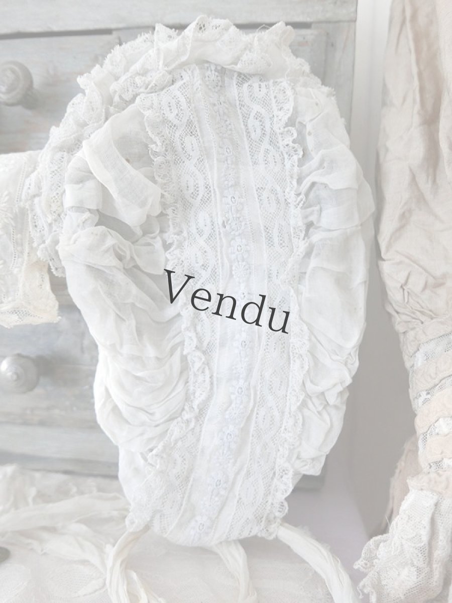 画像7: フランスアンティーク　白糸刺繍のくしゅくしゅボネ (7)