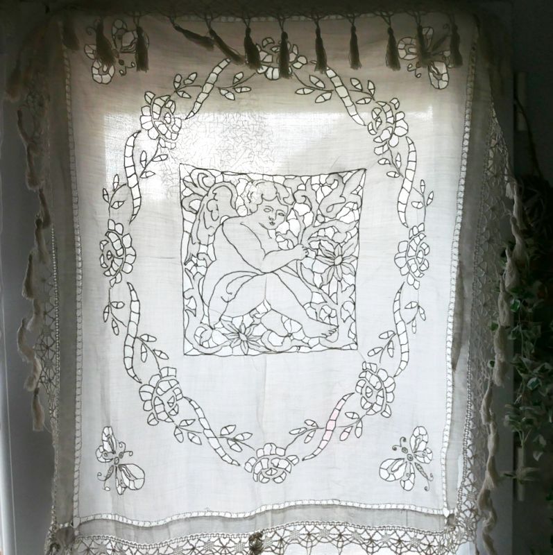 幻想的 SALEஐフランスアンティークドロンワーク花柄刺繍のホワイト